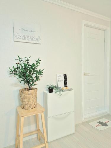 a plant sitting on a stool next to a white cabinet at Haedeun Stay - Suwon Hwaseong Cozy Family House in Suwon