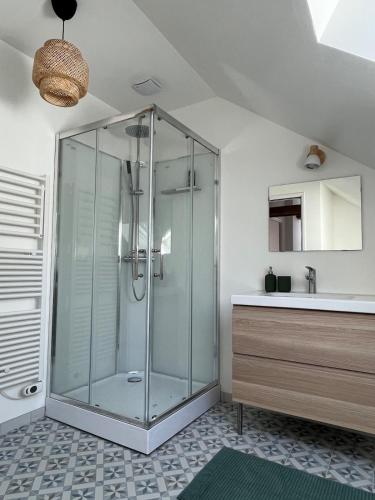 une douche en verre dans une salle de bain avec un lavabo dans l'établissement La petite Vilaine, maison de campagne, 6 personnes, à La Chapelle-de-Brain