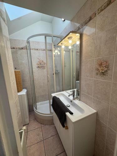 une salle de bain avec un lavabo, une douche et une baignoire dans l'établissement Duplex République, à Orléans