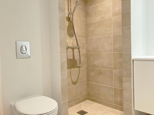 a bathroom with a shower and a toilet at Central and Spacious Apartment for 10 in Randers