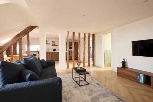 un salon avec un canapé et une télévision dans l'établissement L Ecrin des Minimes, au Mans