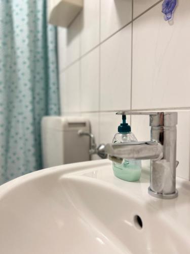 a soap bottle sitting on a bathroom sink at City Apartment Nähe Uni mit Parkplatz in Koblenz