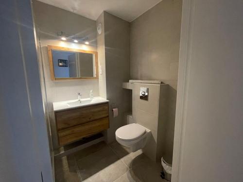 une petite salle de bain avec toilettes et lavabo dans l'établissement Studio with port view terrace with AC, à Antibes