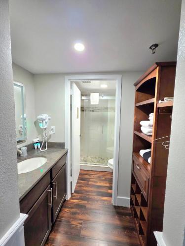 a bathroom with a sink and a toilet and a mirror at Beachfront Studio fit for a King in Daytona Beach