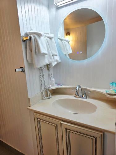 a bathroom with a sink and a mirror at Oceanview Studio w/kitchen, pool, tiki bar in Daytona Beach