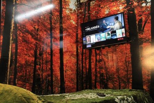 a tv hanging on a wall with a forest at Regiotepec - Centro in Monterrey
