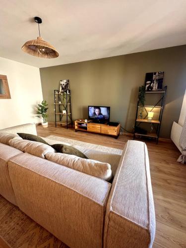 un salon avec un canapé et une télévision dans l'établissement Plage à 15 min - Proche de la Gare - 6 personnes - 3 Chambres - Idéal Famille, à Narbonne