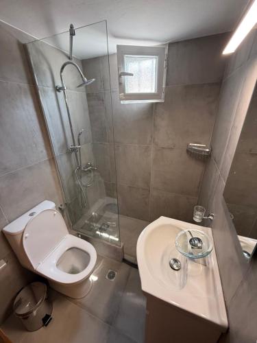 a bathroom with a toilet and a shower and a sink at Prime Diakopto in Diakopto