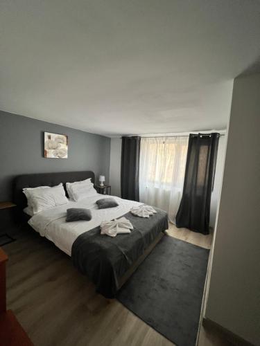 a bedroom with a large bed and a window at Pensiunea Broscuta in Horezu
