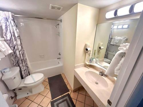 デイトナビーチにあるDaytona Oceanside Adjoin studios w/pool, Tiki Barのトイレ、洗面台、鏡のあるバスルーム