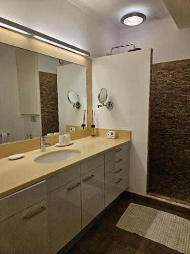 une salle de bain avec un lavabo et un grand miroir dans l'établissement Appartement MADALLENA, à Bastia