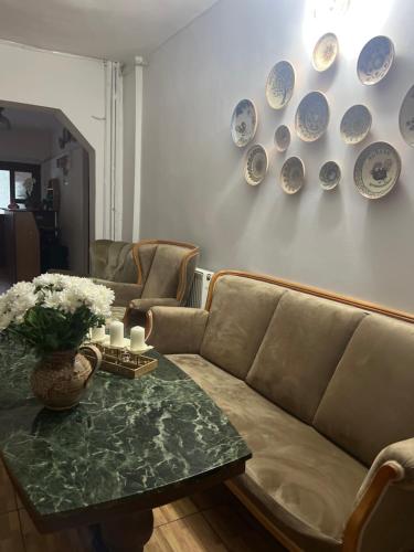 a living room with a couch and plates on the wall at Pensiunea Broscuta in Horezu