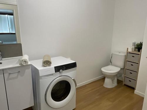 a washing machine in a bathroom with a toilet at Le Repaire Urbain - 8 voyageurs in Orléans