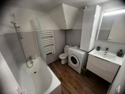 une salle de bain avec un lavabo et une machine à laver dans l'établissement Jolie studio à 200m de la plage principale, à Arcachon