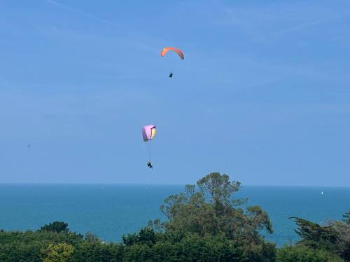 two kites are flying in the sky over trees at Villa Bréhat vue mer et jacuzzi in Tréveneuc