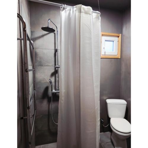 a bathroom with a shower curtain and a toilet at Alos 2 in Ammouliani