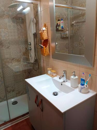 a bathroom with a sink and a shower at Cercado de arriba in Cortelazor
