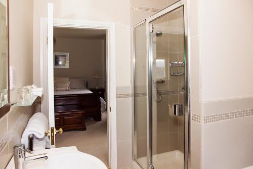 a bathroom with a shower and a toilet and a sink at Ballinclea House Bed and Breakfast in Brittas Bay