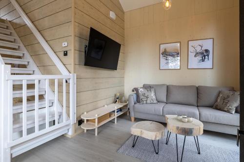 a living room with a couch and a tv at Raanakka by Hi Ylläs in Äkäslompolo