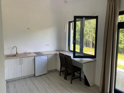 a kitchen with a table and chairs and a window at Mountain House Transalpina in Novaci