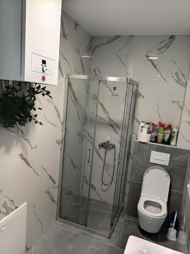 a bathroom with a shower and a toilet at "INKOGNITO Centar" Apartman in Brčko