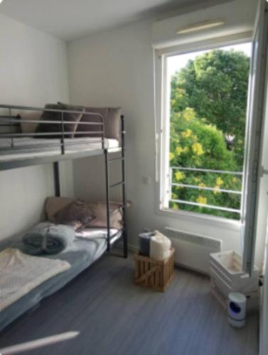 une chambre avec deux lits superposés et une fenêtre dans l'établissement Proche Gare Arène & Carré d'art, à Nîmes