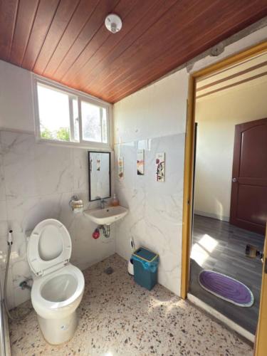 a bathroom with a toilet and a sink and a shower at Mountain Cove Villa in Pagudpud
