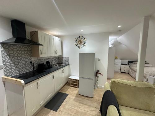 a kitchen with a sink and a couch in a room at A Lovely and Cosy Studio Apartment in Navestock