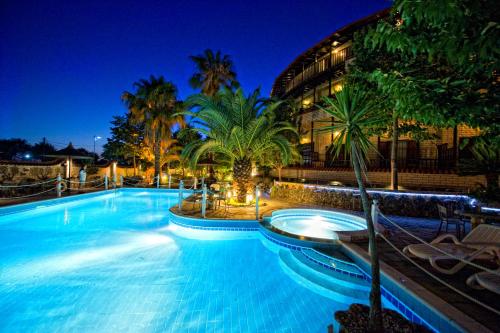 a large swimming pool with palm trees in front of a building at Nepheli Hotel in Kastrosikia