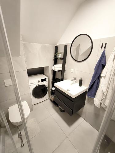 a bathroom with a sink and a washing machine at Forza Blidinje in Blidinje