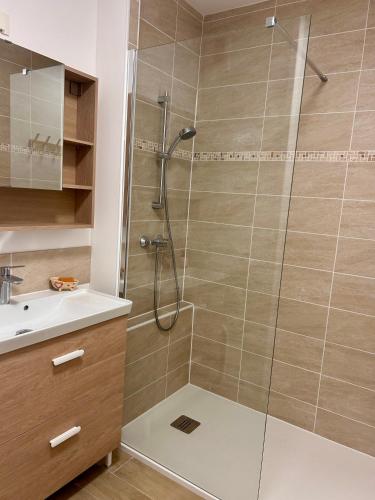 une douche avec une porte vitrée dans une salle de bain dans l'établissement Le cosy bisca-Parking-terasse-Lac-Océan, à Biscarrosse