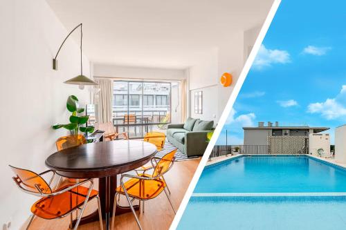 a living room and a dining room with a pool at Gallarija Caparica in Costa da Caparica