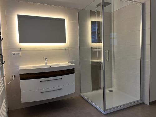 a bathroom with a sink and a glass shower at Ferienwohnung Helene in Gotha