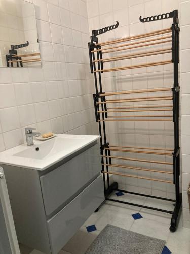 une salle de bain avec un lavabo et une douche dans l'établissement A 5 minutes du centre de Juan les pins et de la mer ! Appartement dans résidence avec piscine et terrain de tennis, à Antibes