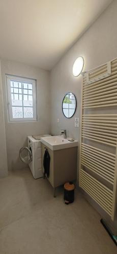 une salle de bain avec un lavabo et une machine à laver dans l'établissement Gîte du Chaudron, à Blanot