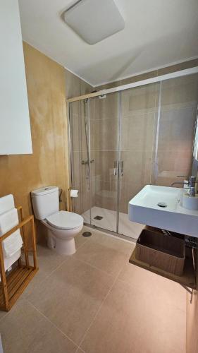 a bathroom with a toilet and a shower and a sink at El Mirador de Bajamar in Bajamar