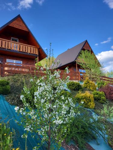 a log house with a garden in front of it at Sielanka - Domki Całoroczne in Bezmiechowa Dolna