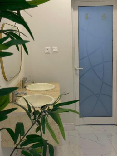 ein Badezimmer mit zwei Waschbecken, einem Spiegel und einer Pflanze in der Unterkunft Irm Studio in Quai