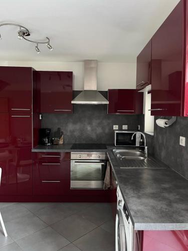 - une cuisine avec des placards violets sombres et un évier dans l'établissement Échappée Belle du Mont-Saint-Michel, à Saint-Georges-de-Gréhaigne