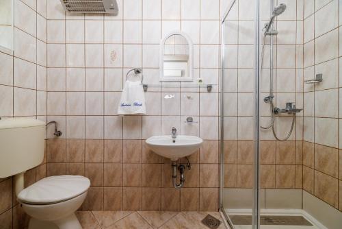 a bathroom with a toilet and a sink and a shower at Apartments and rooms Bionda in Senj