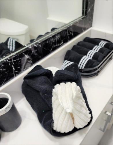 a pair of gloves sitting on top of a counter at Gorgeous Two Bedroom Suite in a Quiet, Picturesque Neighborhood! in West Vancouver