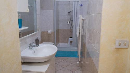 a bathroom with a sink and a shower with a toilet at Barbahouse in Monte SantʼAngelo