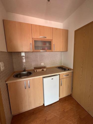 a small kitchen with wooden cabinets and a sink at Apartmani VP in Kravlja