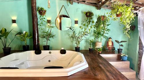 a bath tub in a room with potted plants at Pousada Pura vida in Itacaré