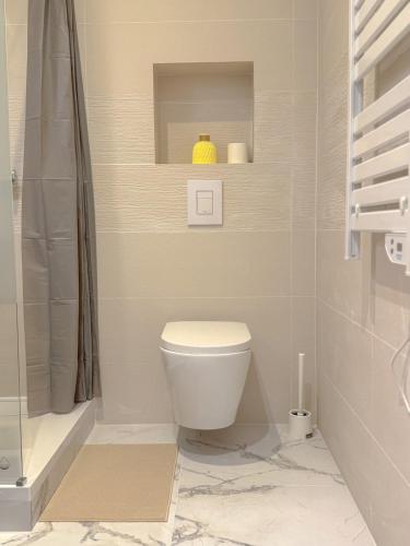 une salle de bain avec des toilettes blanches et une douche dans l'établissement T1 luxury Port Toulon Clim, Wi-Fi, à Toulon