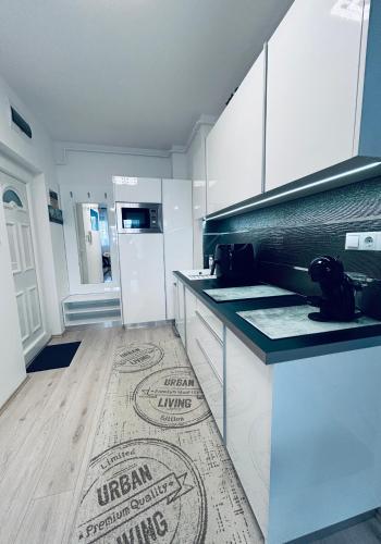 a kitchen with a counter top and a refrigerator at TemOro Apartman Green in Siófok