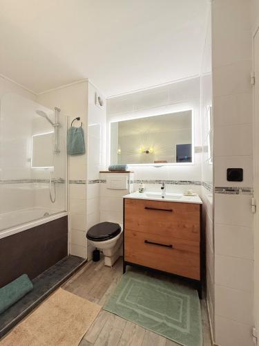 une salle de bain avec un lavabo, des toilettes et un miroir dans l'établissement Appartement avec 2 chambres terrasse clim et piscine, à Antibes