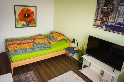 a living room with a green couch and a television at Ferienwohnung Vechta in Vechta