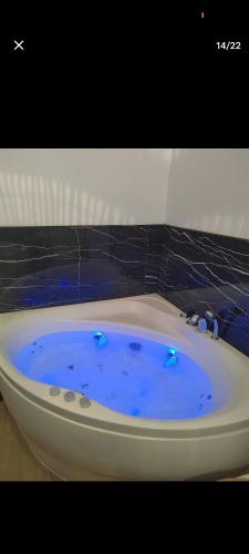 d'une baignoire avec de l'eau bleue. dans l'établissement Escapade à Blagnac, T2, balnéo,jardin,parking,tram, à Blagnac