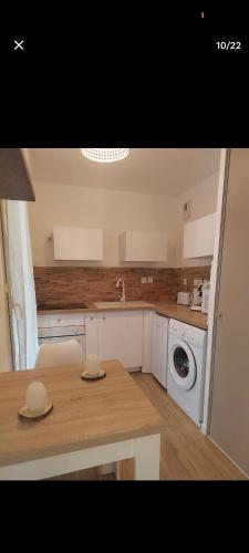 une cuisine avec une table et une machine à laver dans l'établissement Escapade à Blagnac, T2, balnéo,jardin,parking,tram, à Blagnac